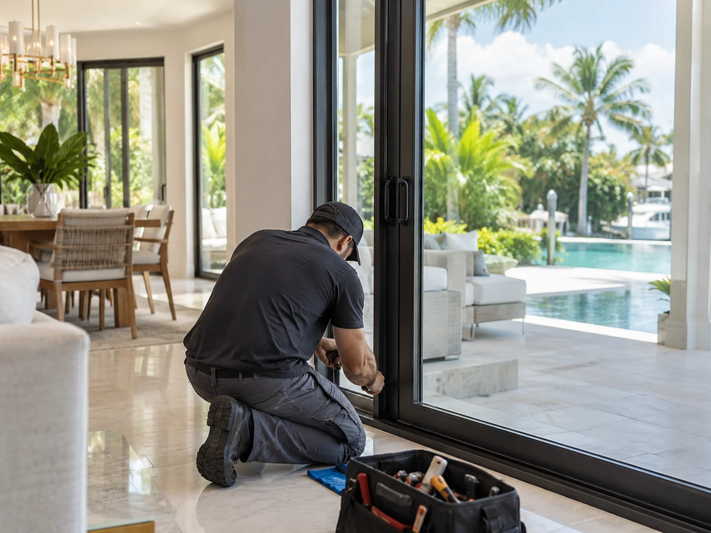 Happy Sliding Doors technician repairing a sliding glass door in a luxury Florida waterfront home