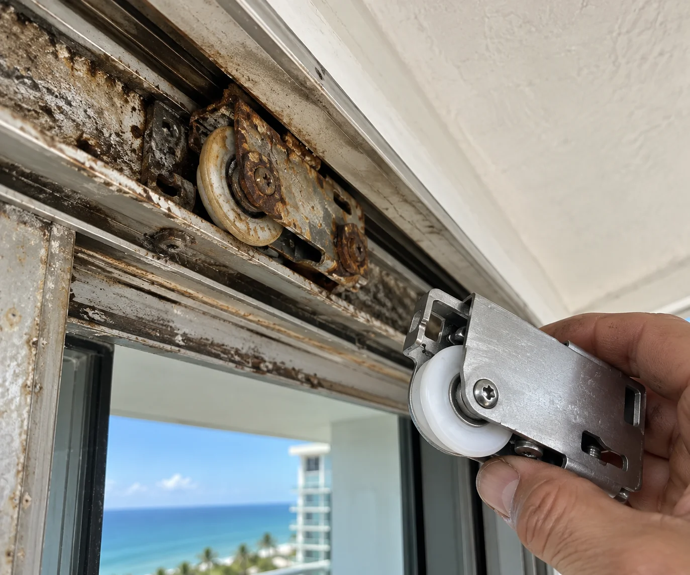 Technician working on a sliding door track