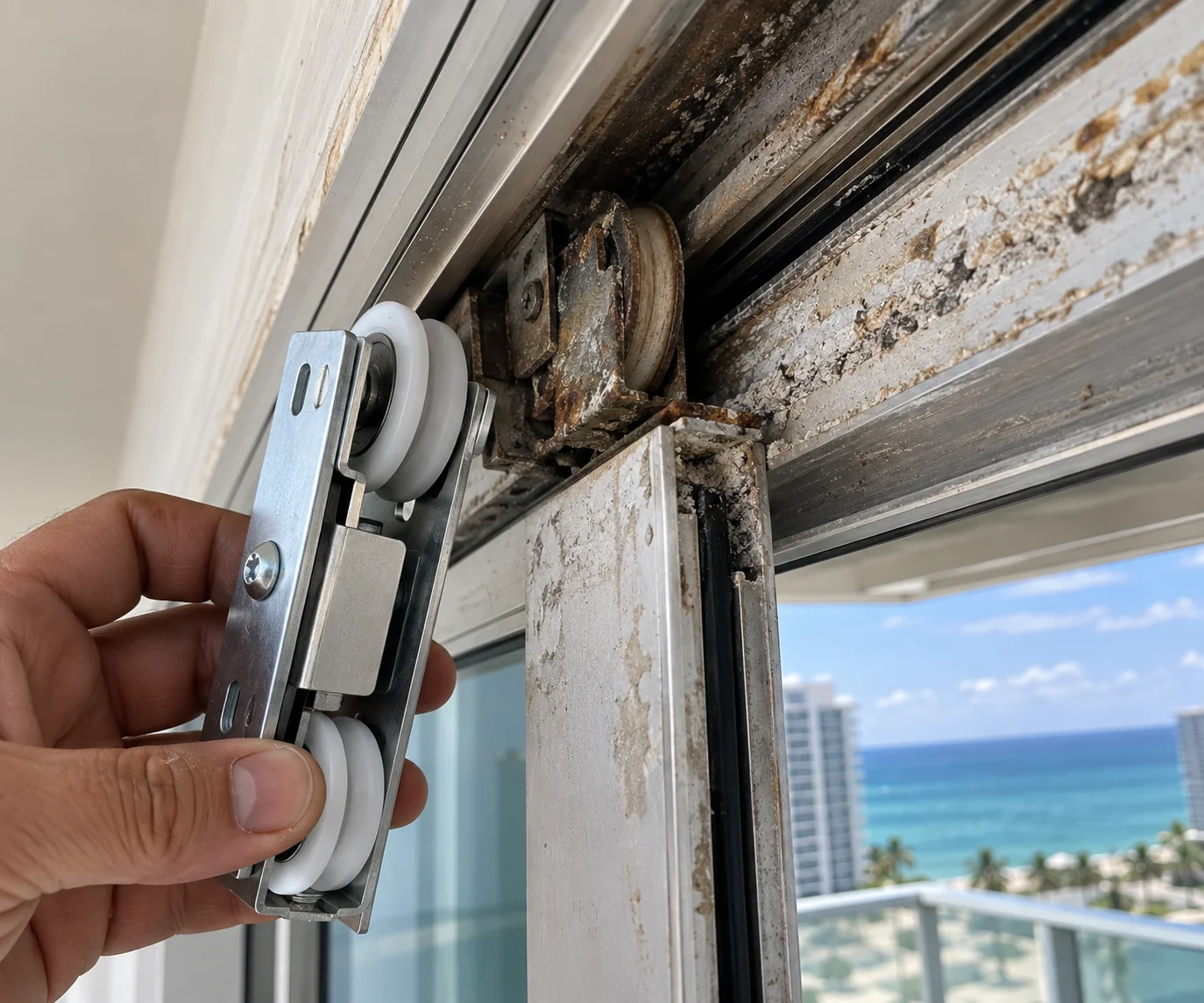Technician servicing a heavy sliding door
