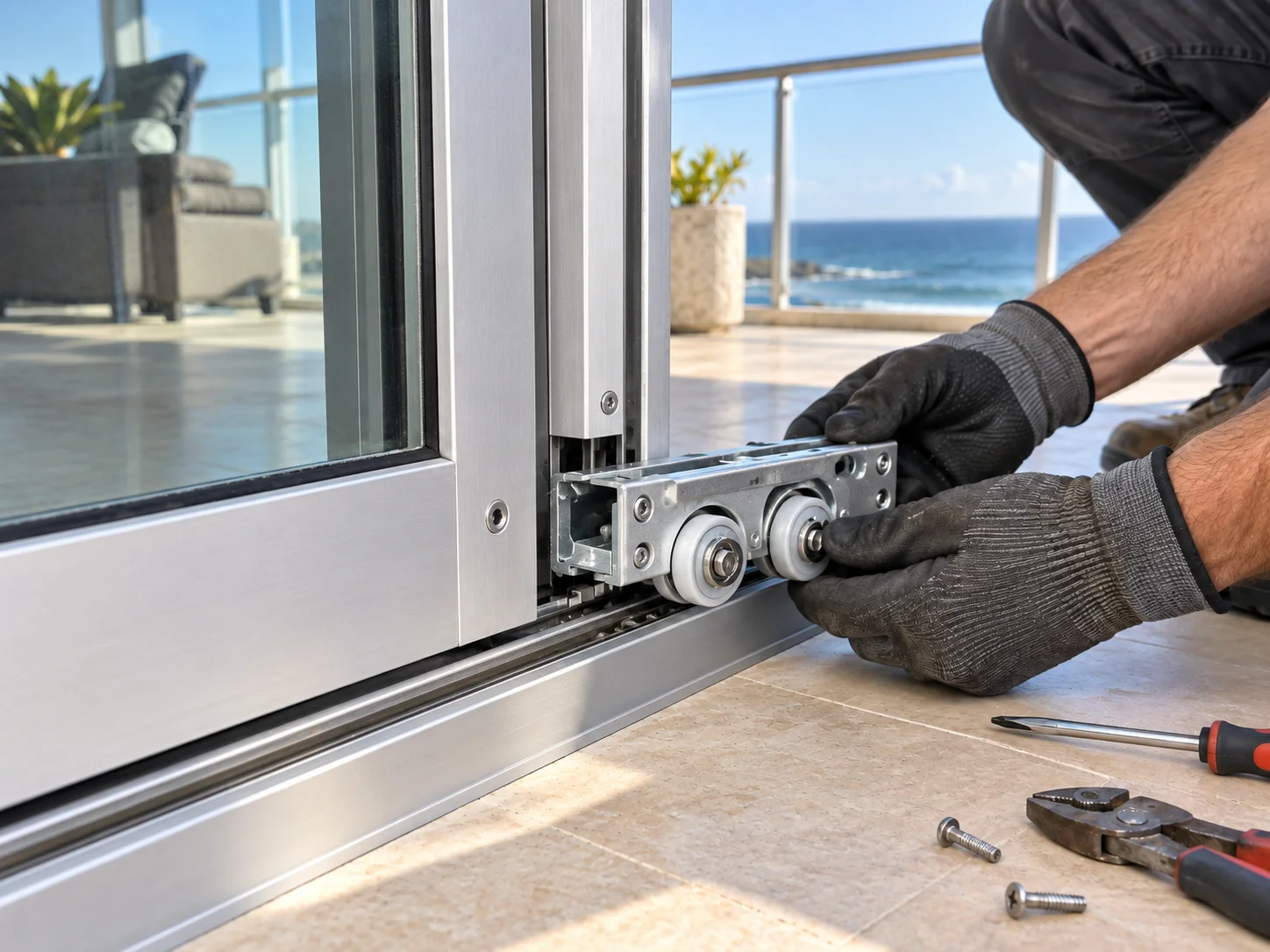 Condo living room with sliding glass doors to a pool