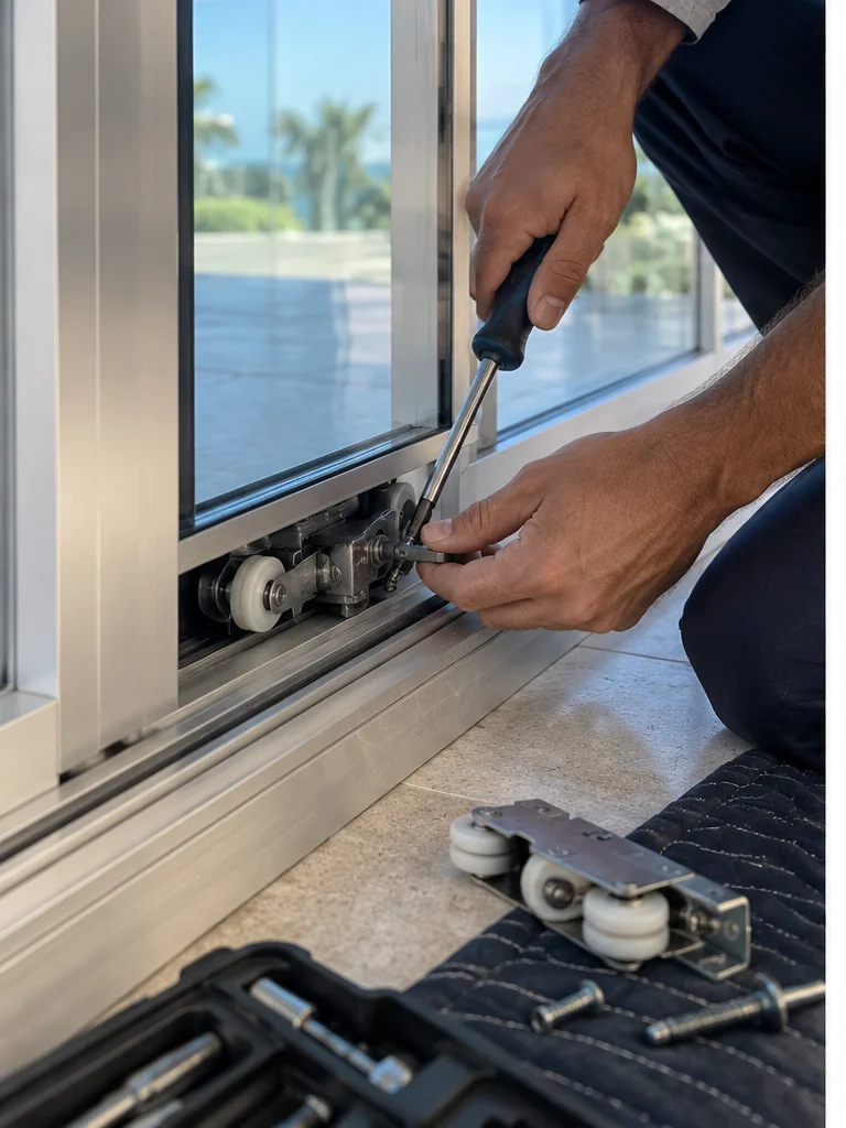 Technician repairing a sliding door seal