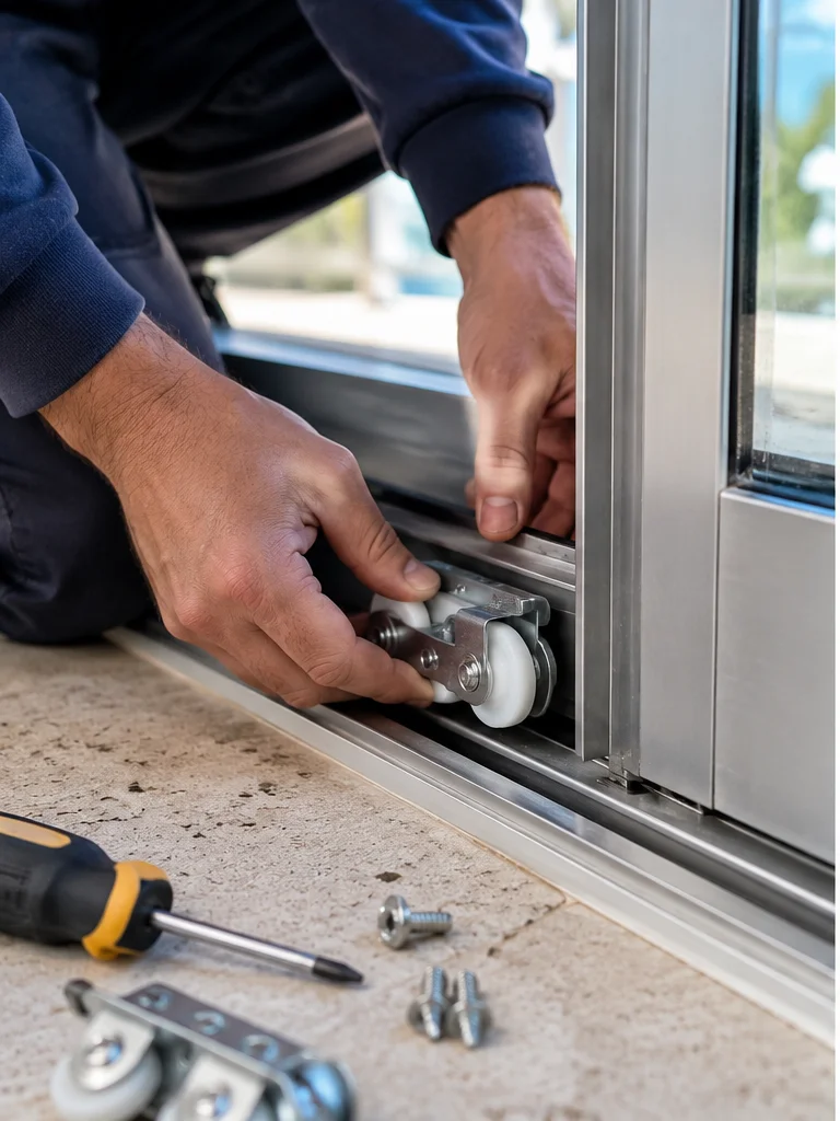Technician discussing a sliding door repair with a homeowner