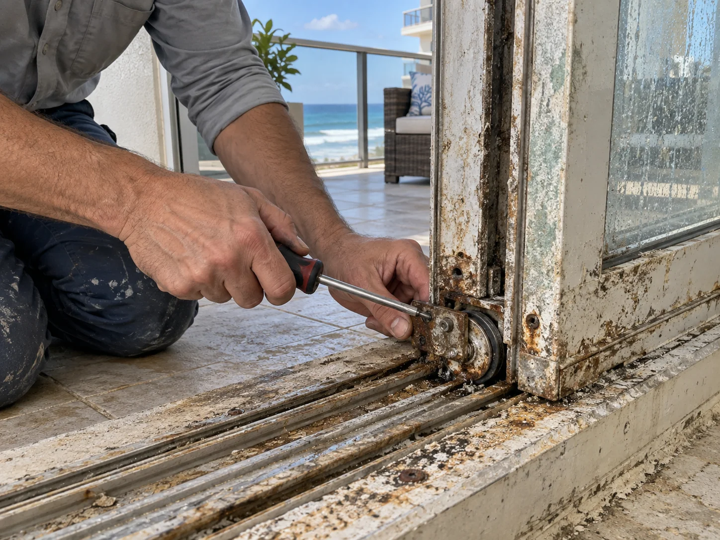 Sliding glass door with storm-related damage