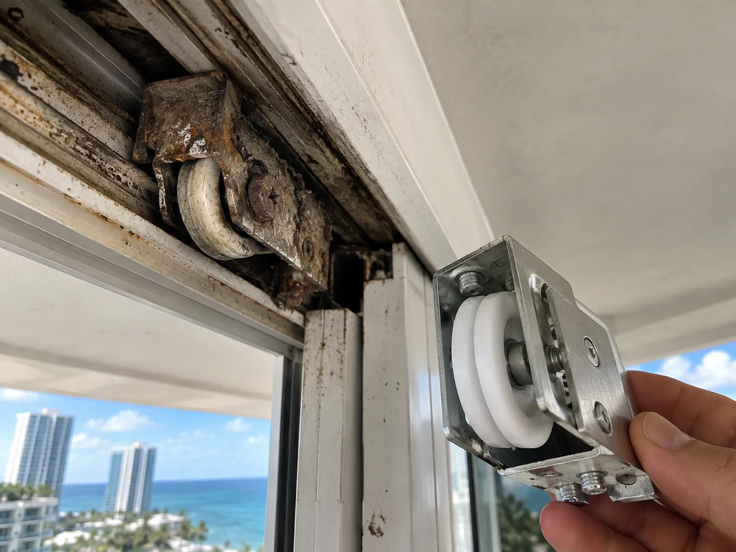 Sliding screen door off its track with curtain moving
