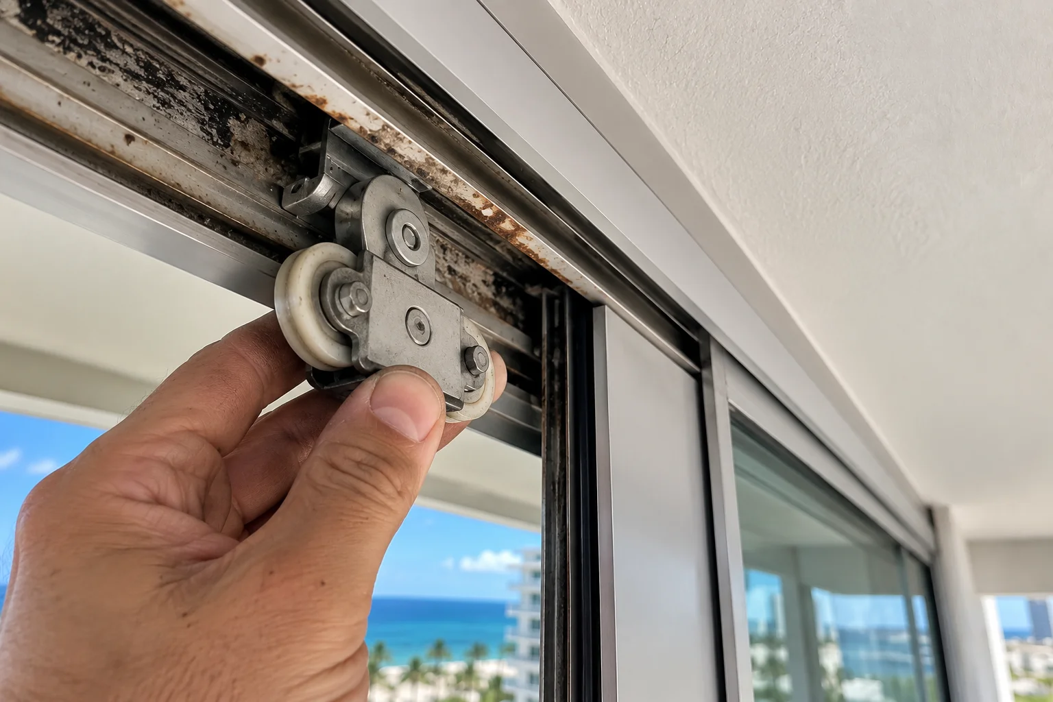 Sliding glass door showing signs of wear
