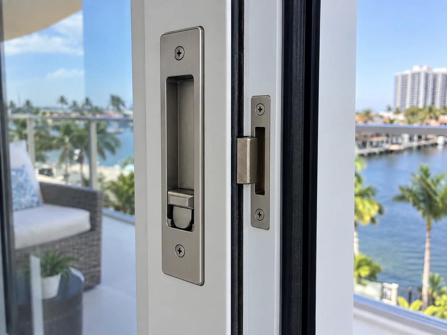 Technician reviewing a sliding door warranty with a homeowner