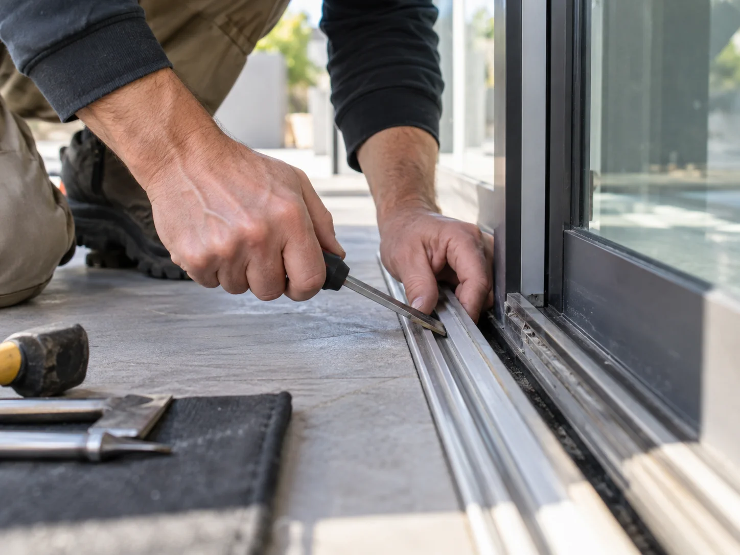 Technician diagnosing a stuck sliding glass door