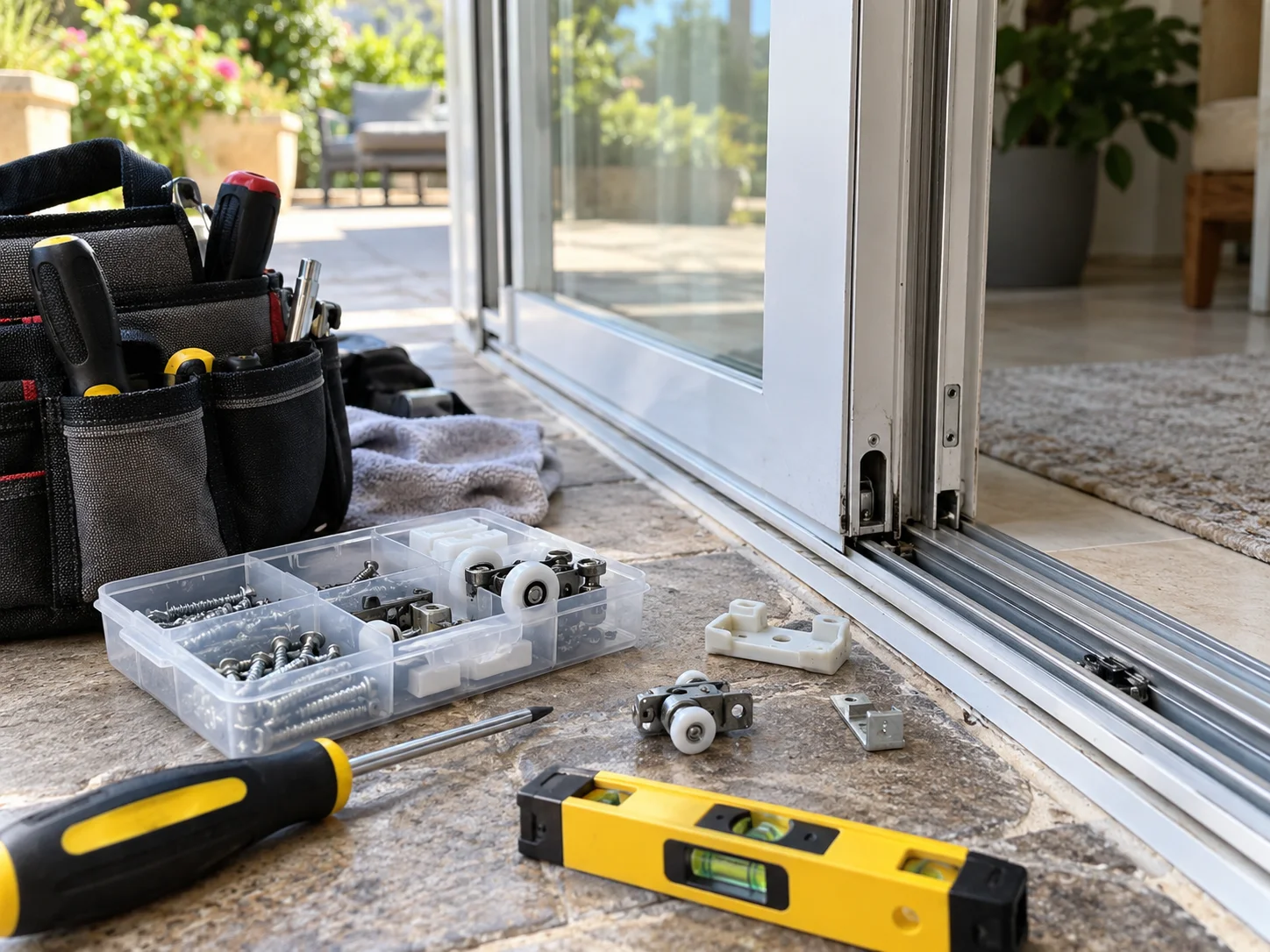 Professional sliding door repair tools and roller hardware organized at job site
