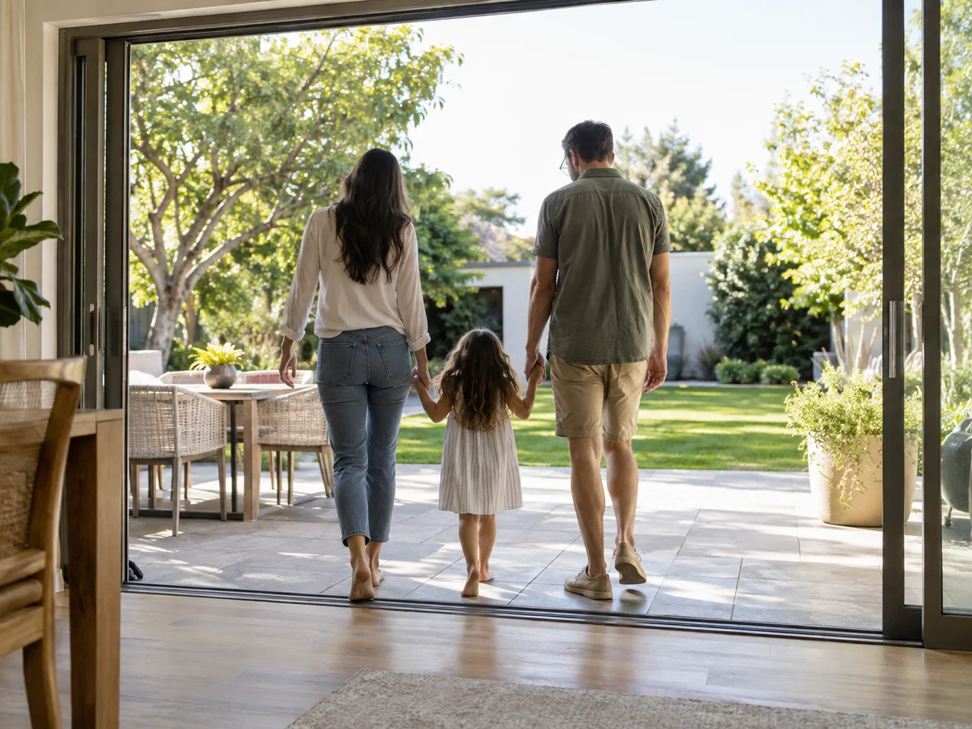 Family safely enjoying a childproofed sliding glass door in the backyard