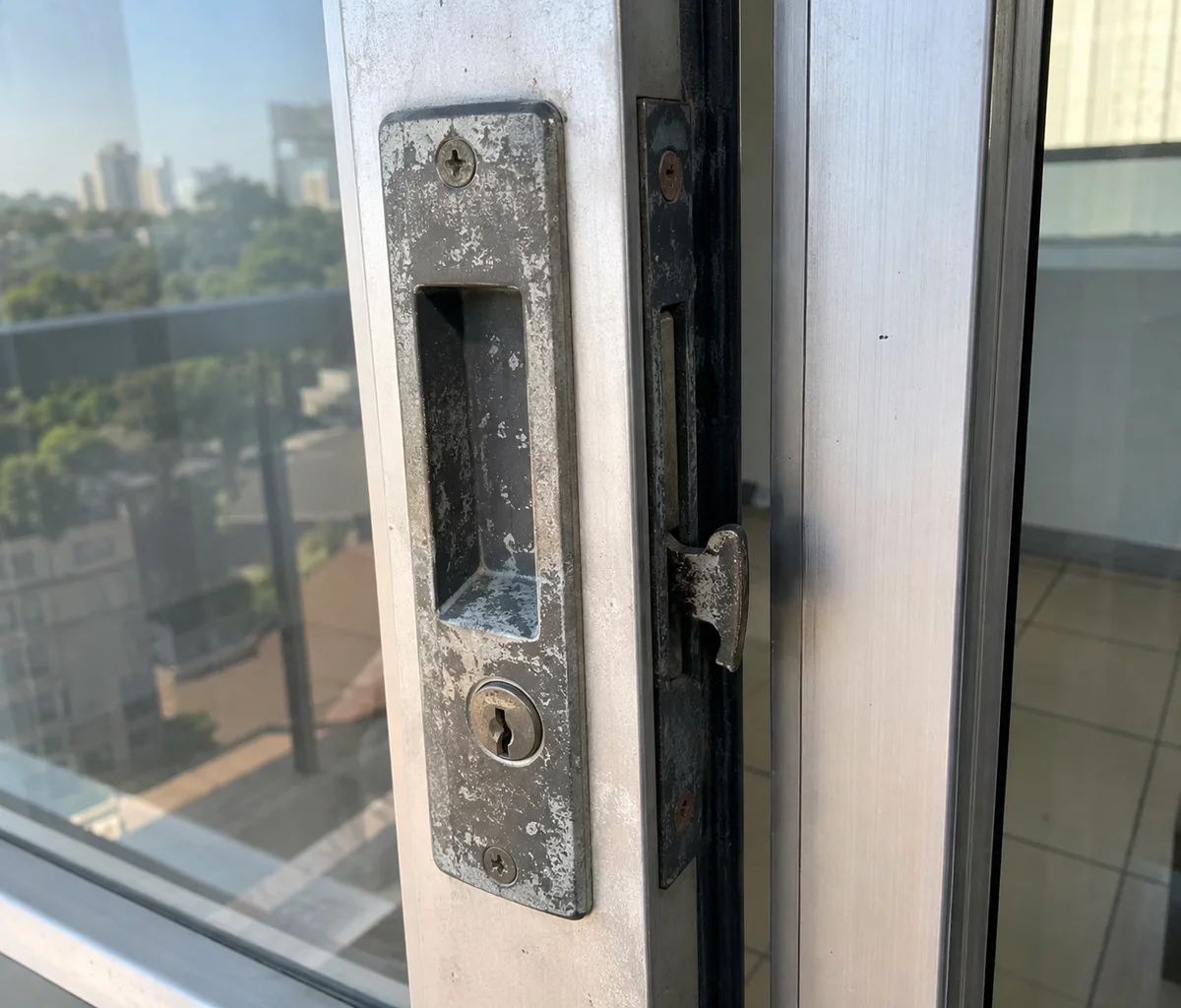 Worn sliding door lock being replaced with a secure new one in Boca Raton