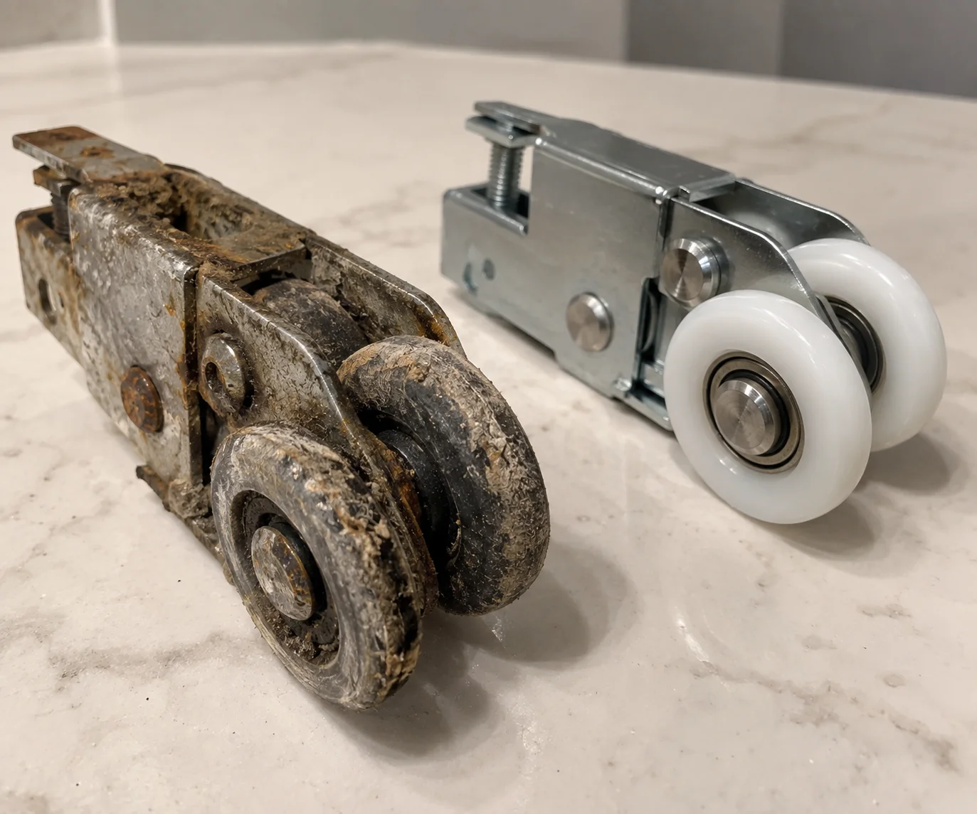 Worn sliding door roller next to a new stainless replacement in Boca Raton