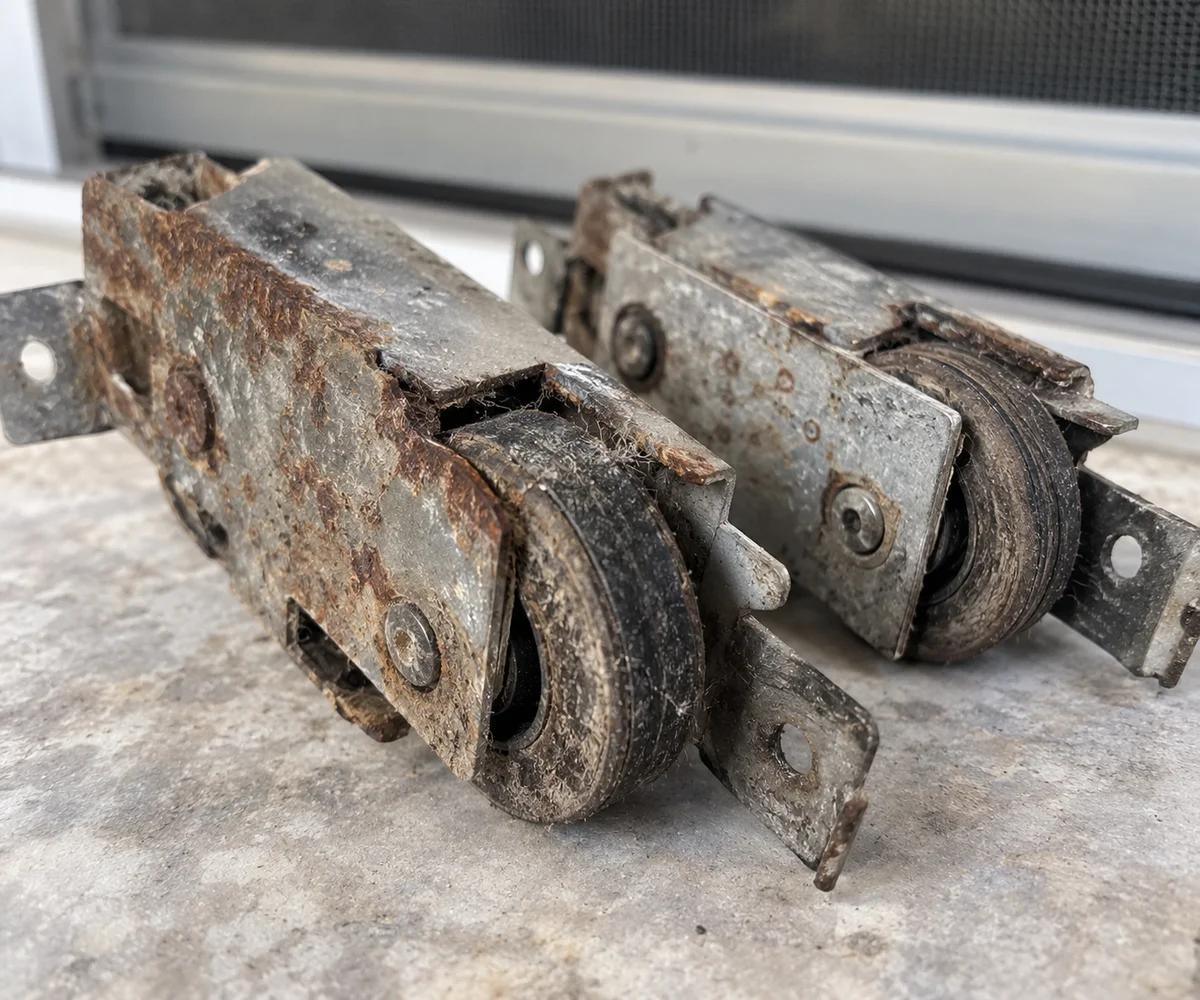 Worn sliding door rollers that let the panel keep derailing
