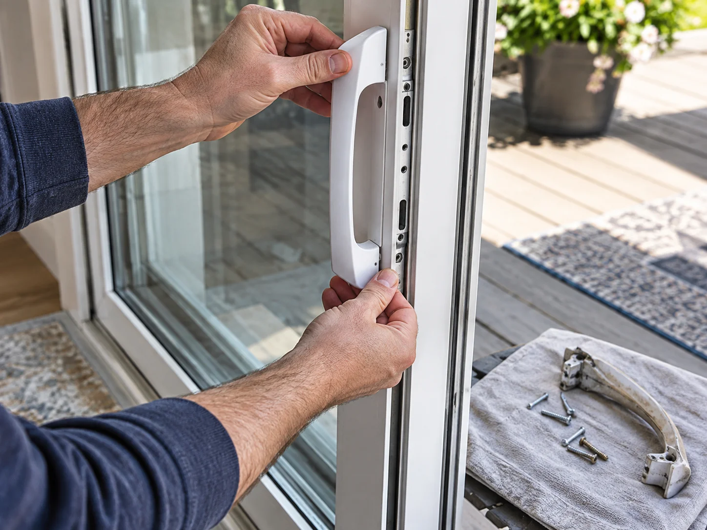 Sliding door held open to a pool patio, adjusted so it stays open