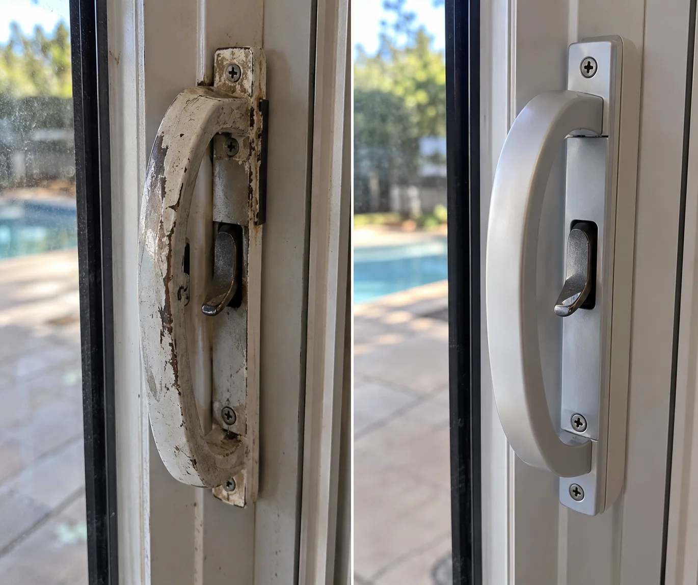 Sliding door hardware and frame repair on a warped door