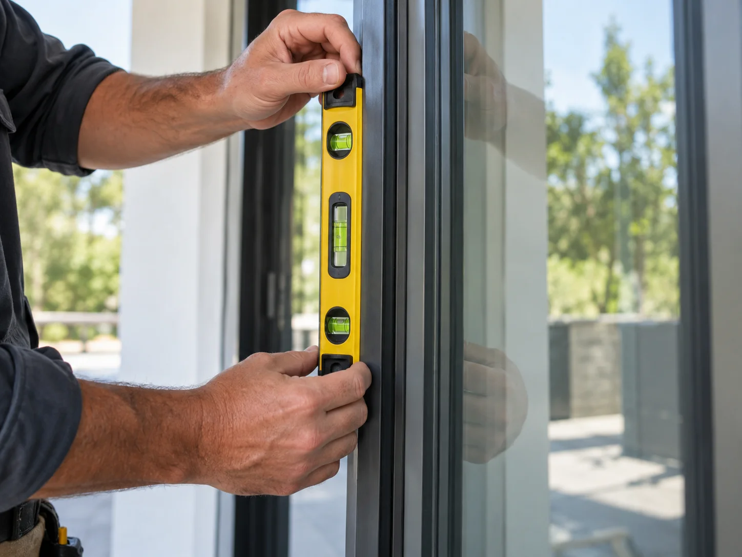 Technician inspecting a sliding screen door that is torn or sagging