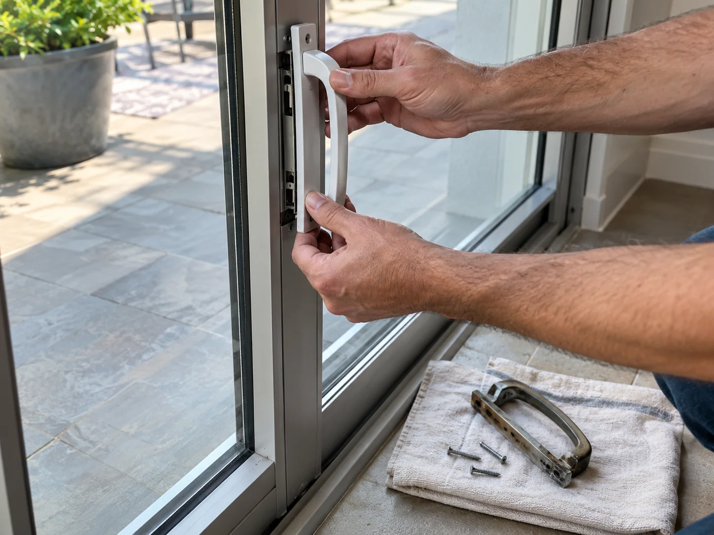 Technician installing a new secure handle and lock for child safety