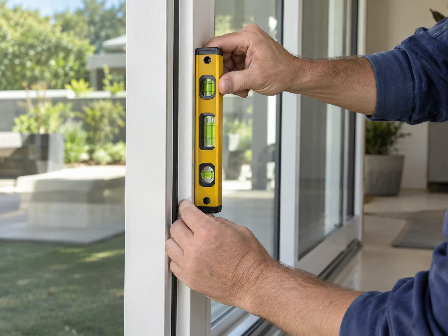 Technician leveling a sliding door frame so it no longer slams shut