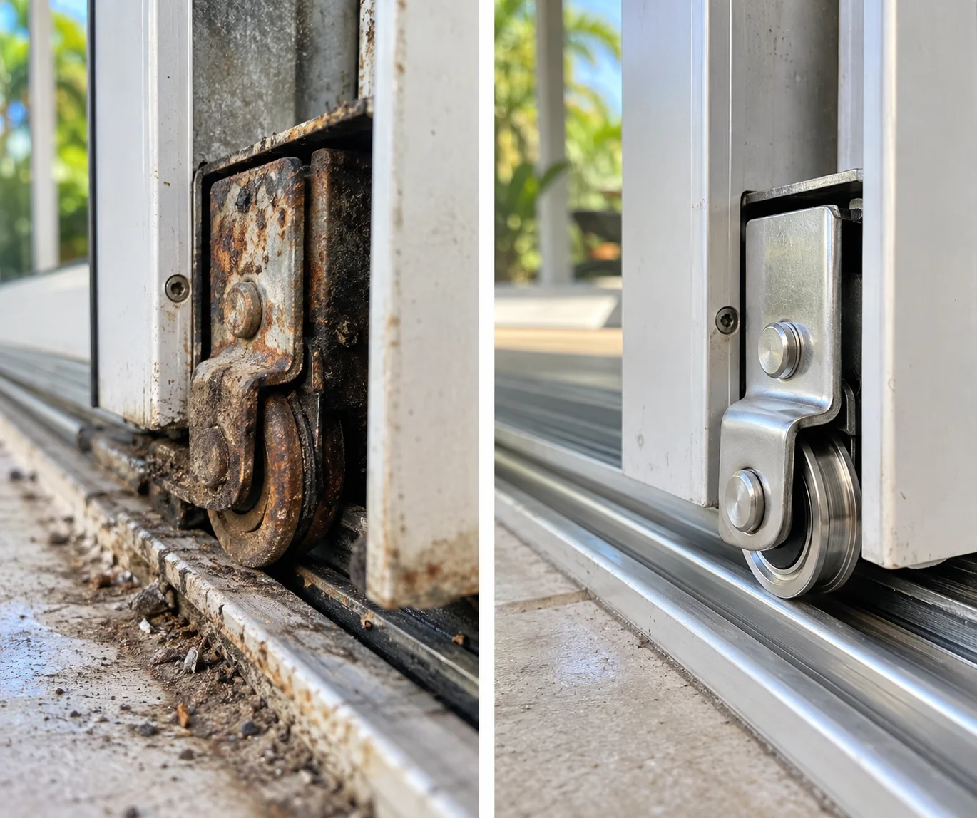 Worn sliding door roller before and after replacement to stay on track