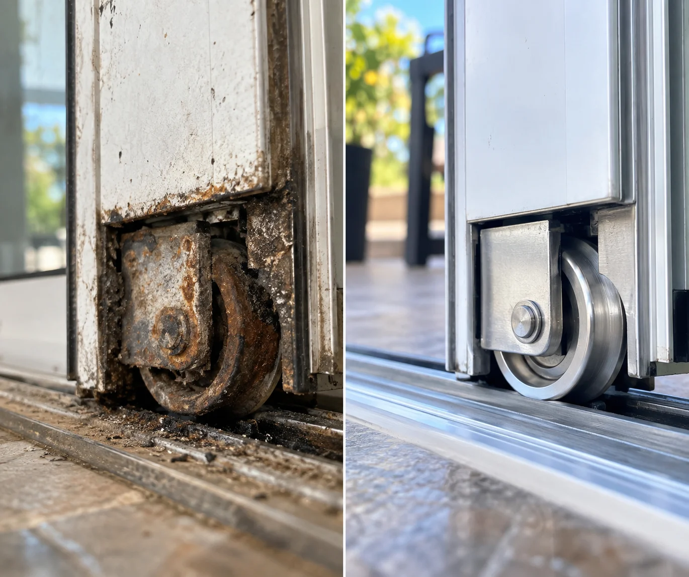 Sliding door roller before and after replacement to stop the panel dragging