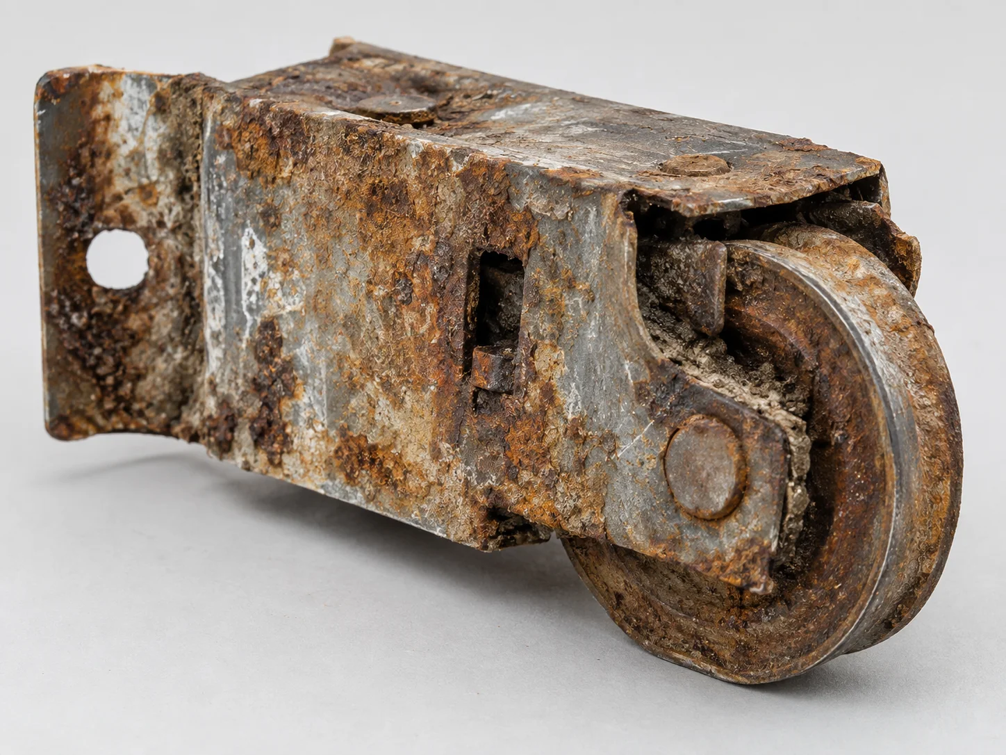 Rusted, seized sliding door roller causing grinding and scraping