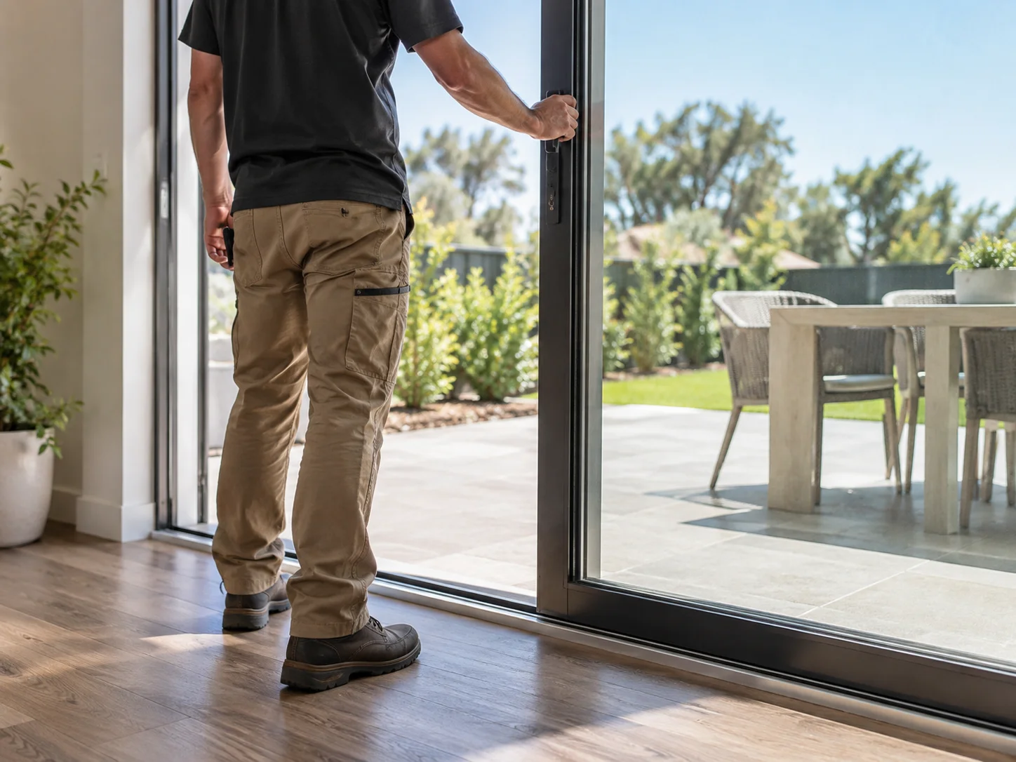 Technician repairing a sliding door threshold to stop water intrusion