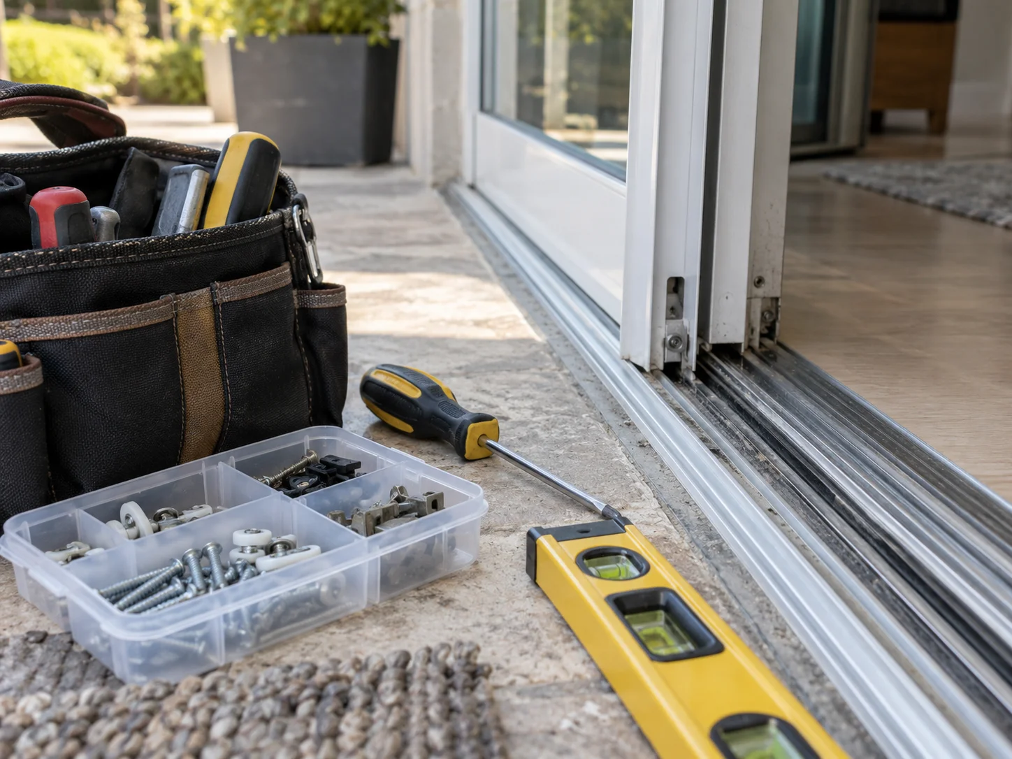 Sliding door repair tools and replacement hardware for loose, rattling doors