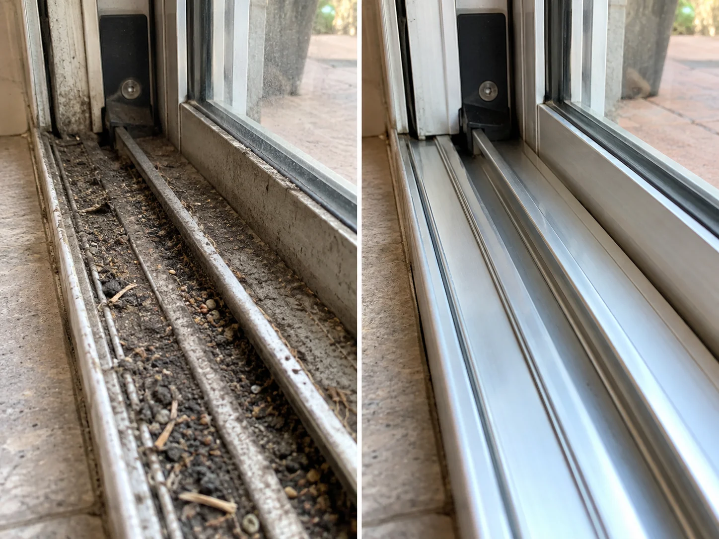 Sliding door bottom track before and after repair so the door closes fully