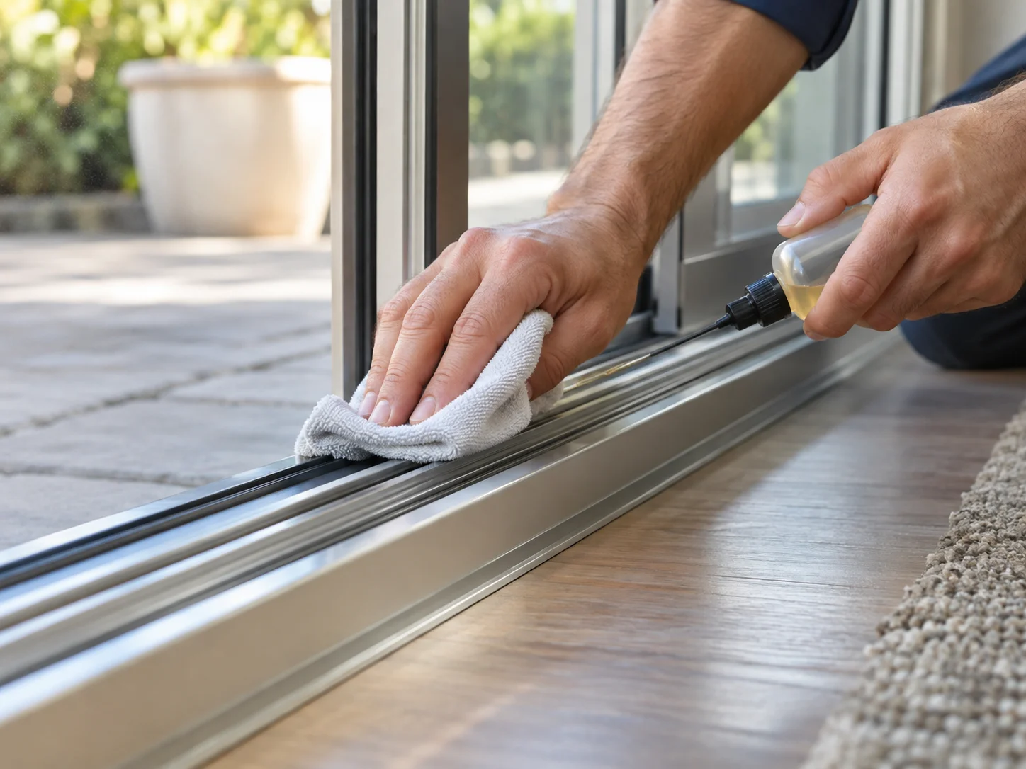 Technician cleaning and sealing sliding door track to stop water intrusion