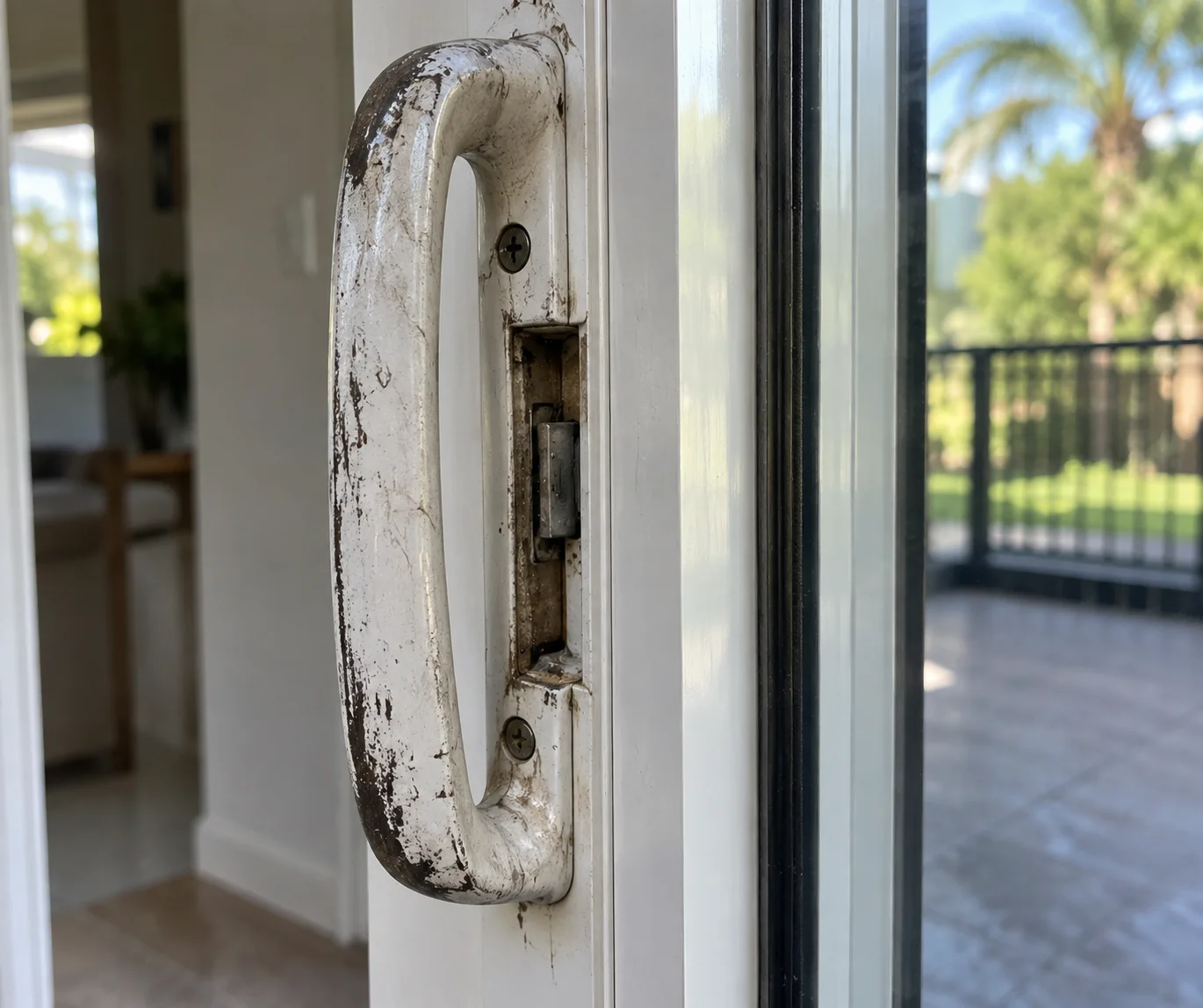 Broken and worn sliding door handle with paint chipped off