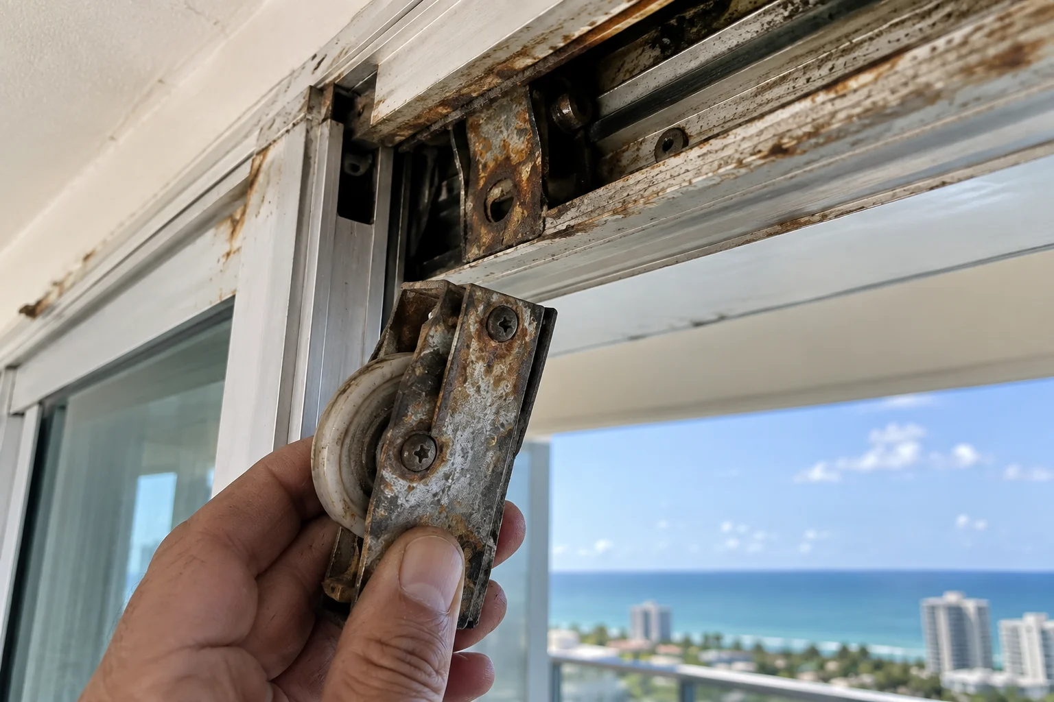 Before: severely corroded and rusted roller assembly removed from sliding door
