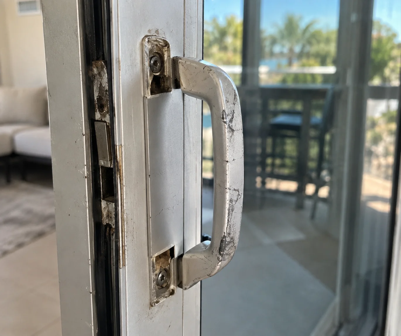 Before: corroded handle and lock mechanism on old sliding door