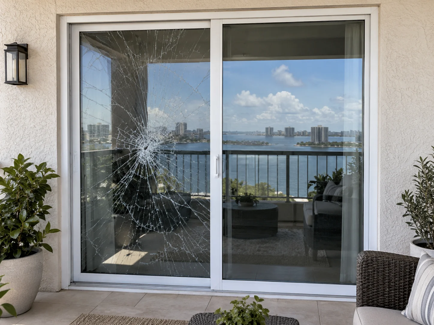 Before (example): Storm-Damaged Glass Replacement in Miami Beach, FL