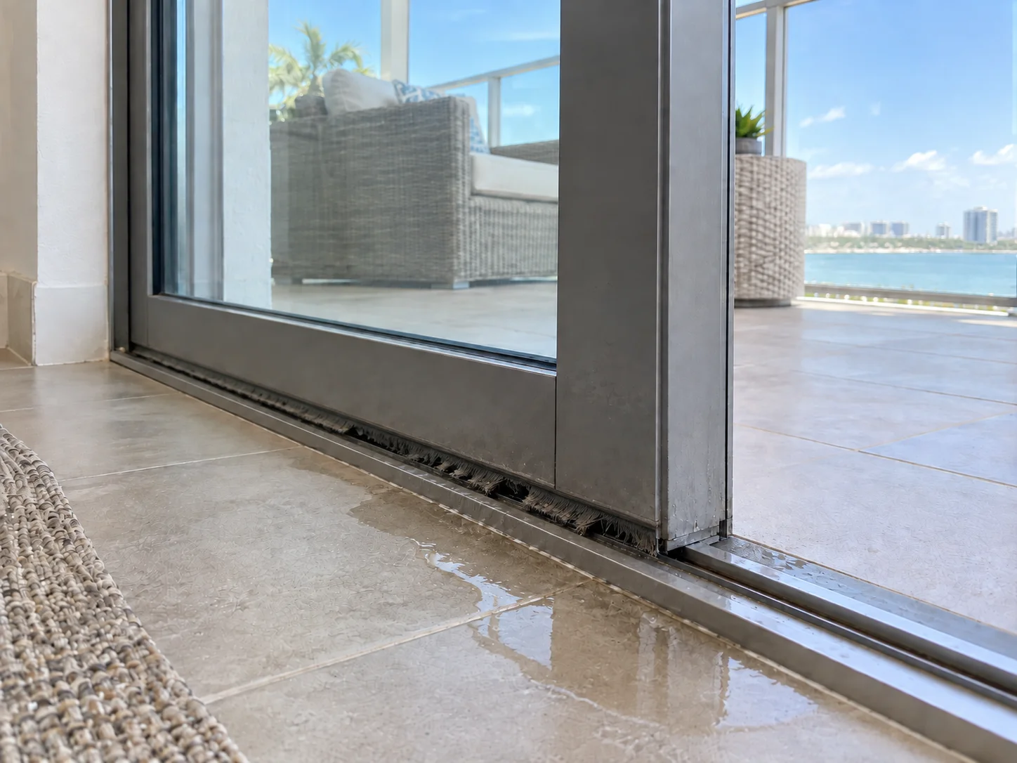 Before: water pooling at threshold with deteriorated weatherstripping on sliding door