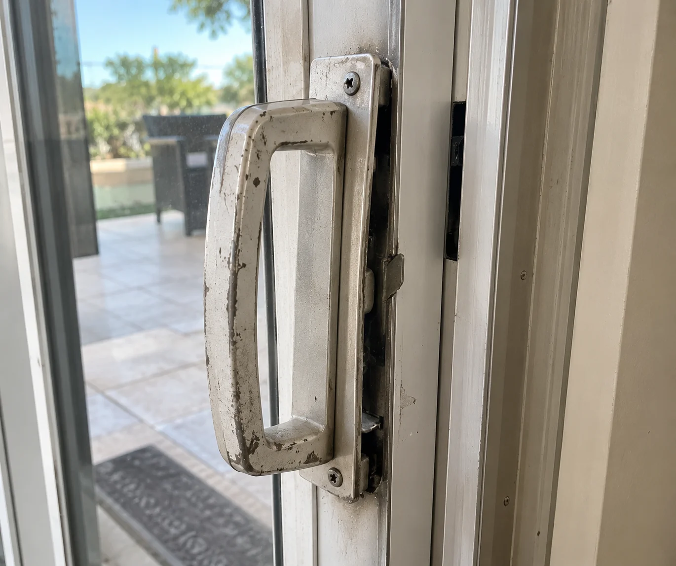 Illustrative example: worn, corroded sliding door handle before repair
