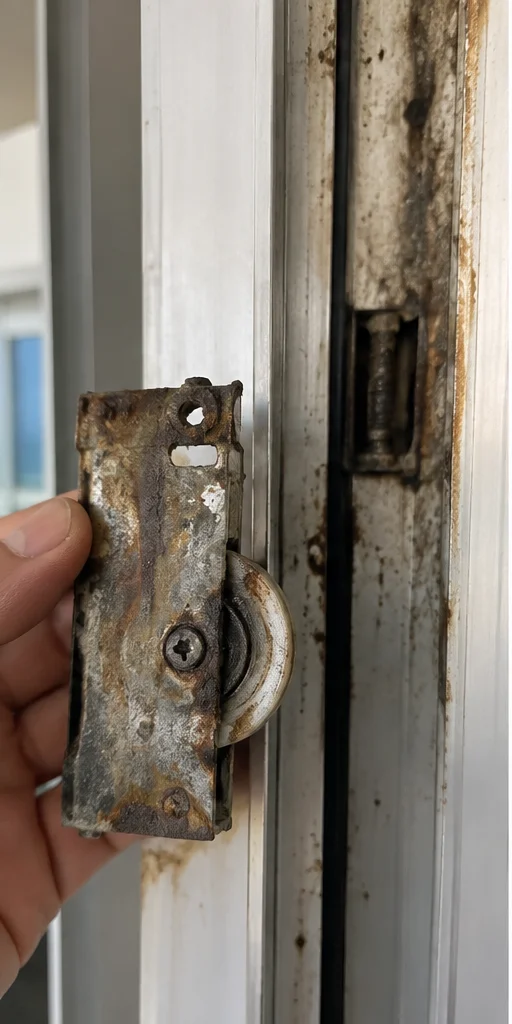 Illustrative example: corroded sliding door lock mechanism before repair