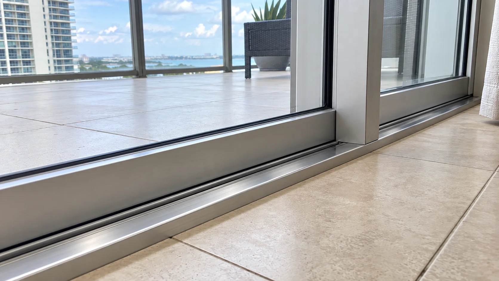 After: clean new patio door threshold installed with waterfront view