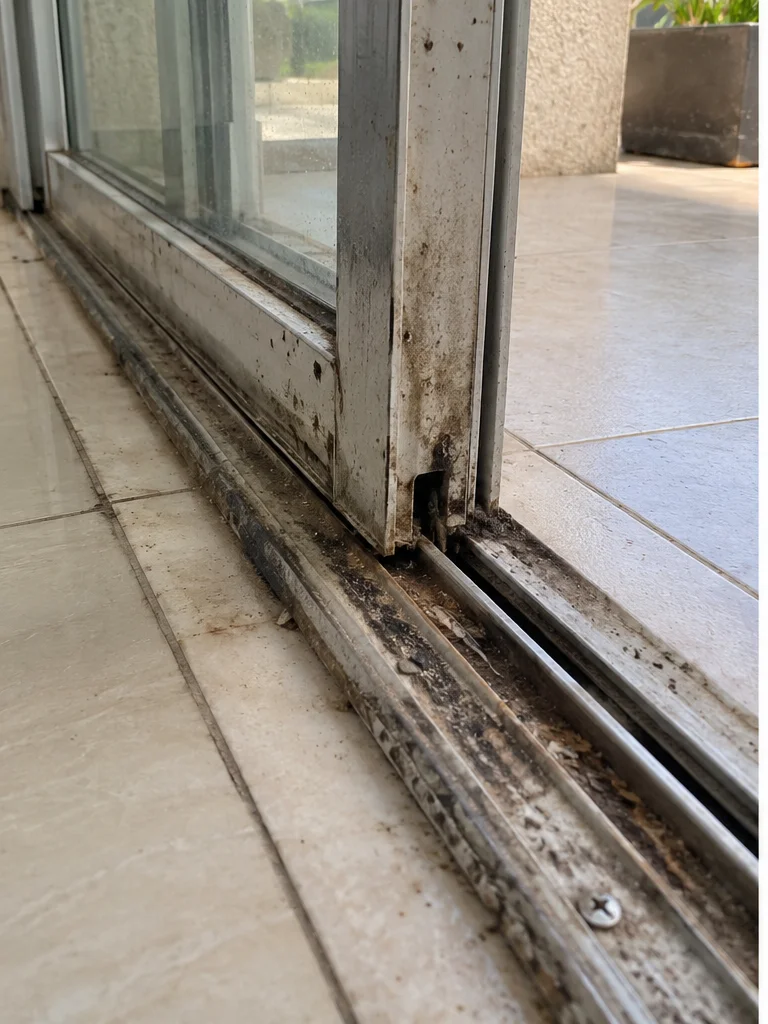 Before: dirty clogged patio door track with debris and corrosion