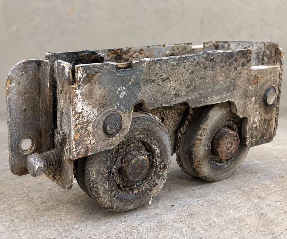 Illustrative example: worn, corroded roller assembly before replacement