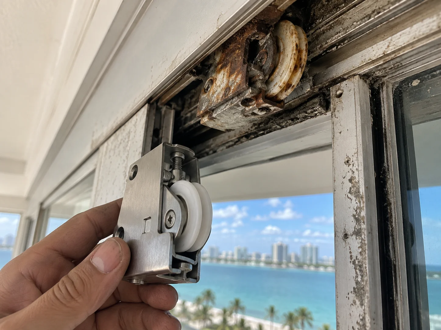 Technician holding new roller cassette at corroded top track for door alignment service
