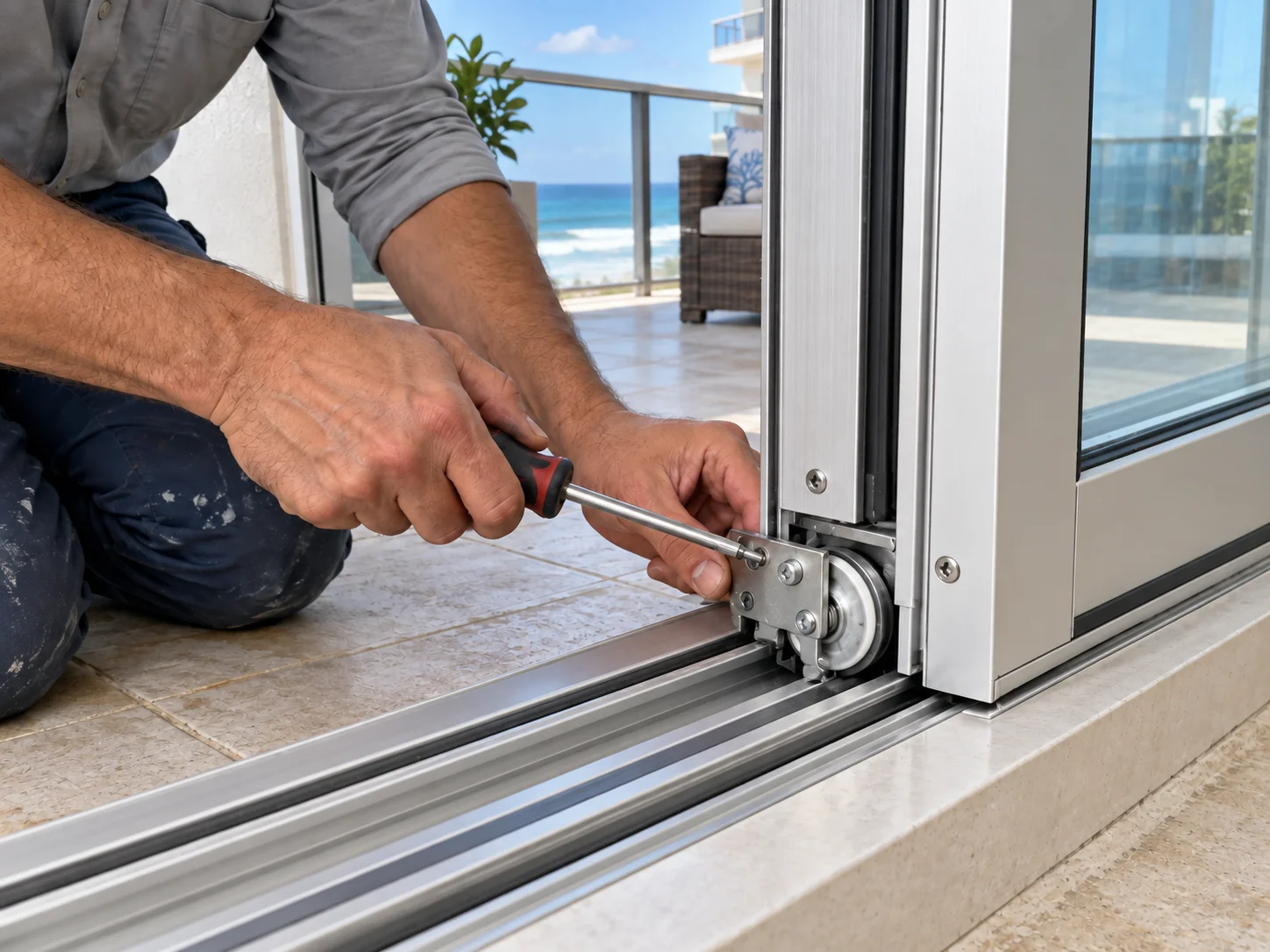 Technician adjusting bottom roller in sliding door track during closet door repair