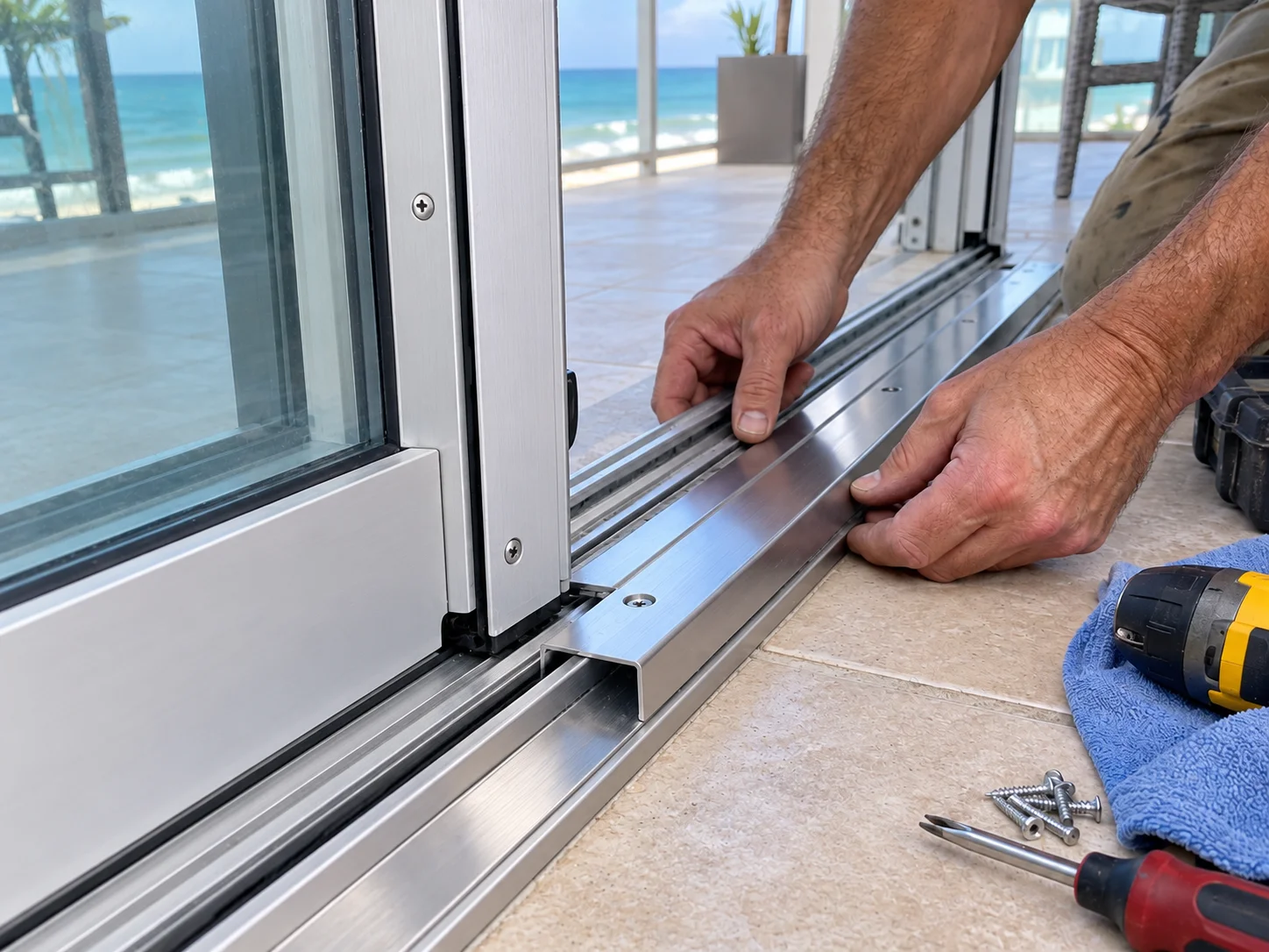 Technician fitting new stainless steel track insert into commercial sliding door