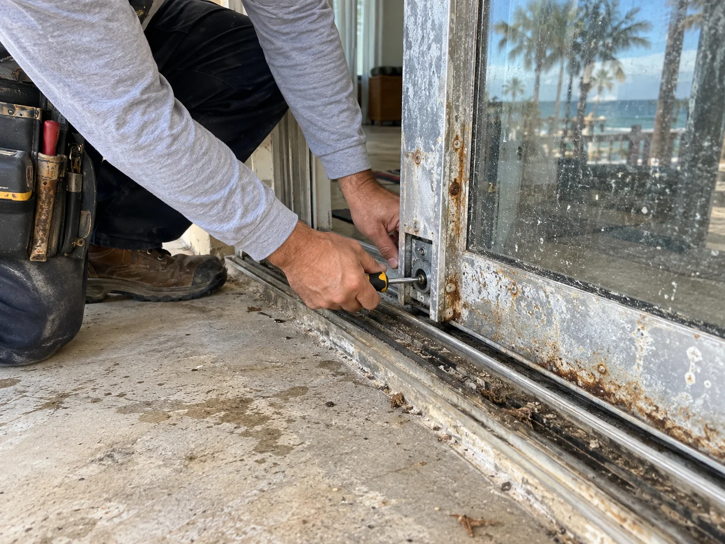 Technician working on heavily corroded sliding door bottom track during emergency repair