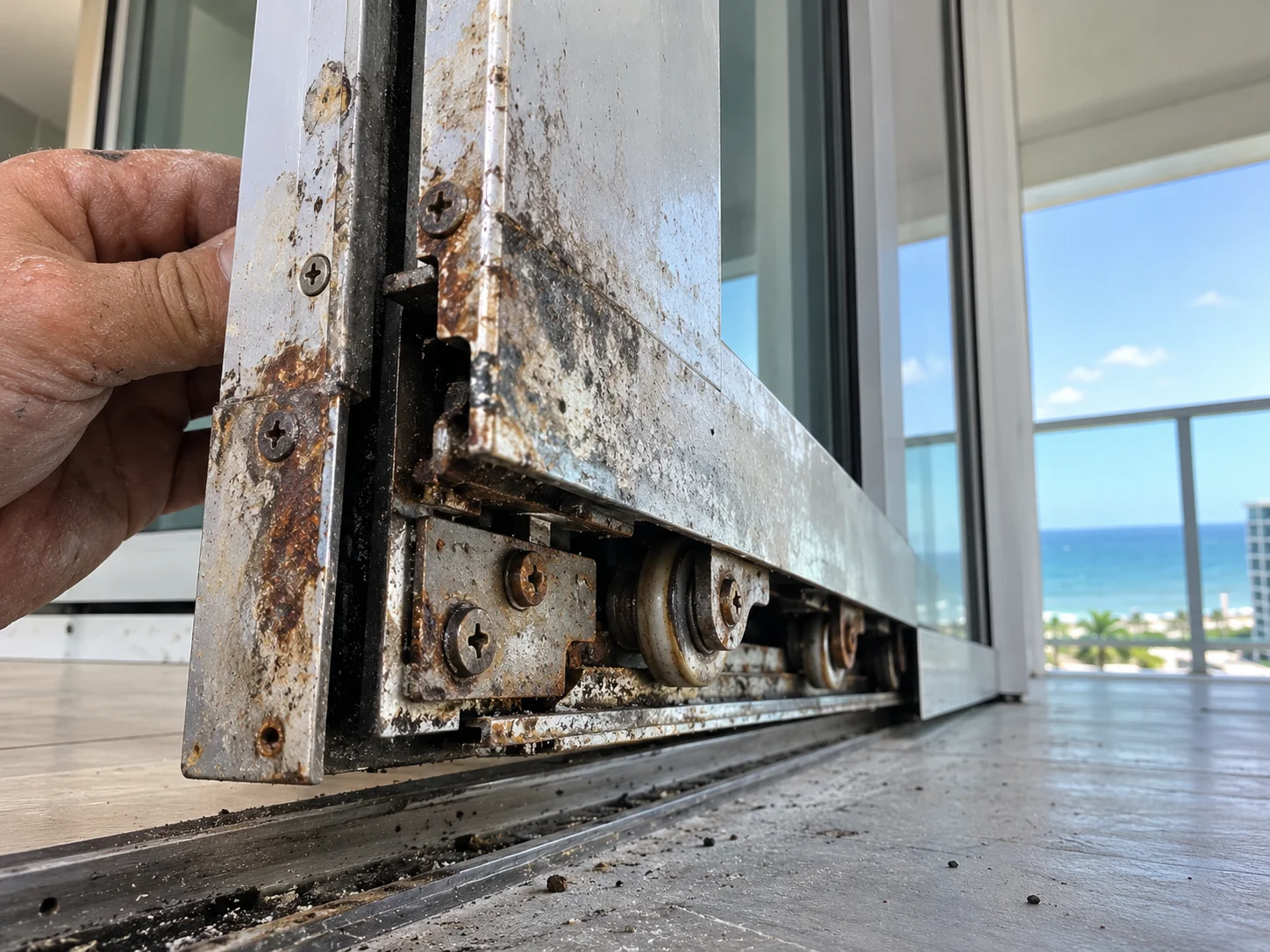 Heavily corroded sliding door roller and frame assembly before professional repair