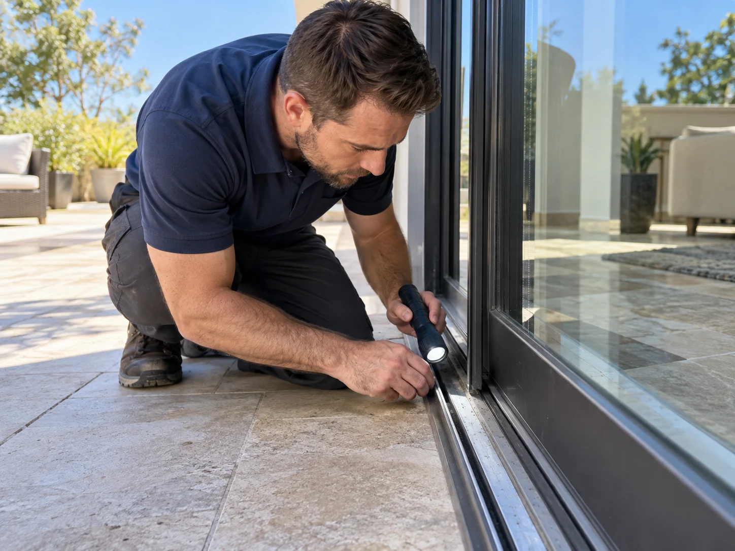 Technician inspecting sliding glass door with flashlight for glass tinting service