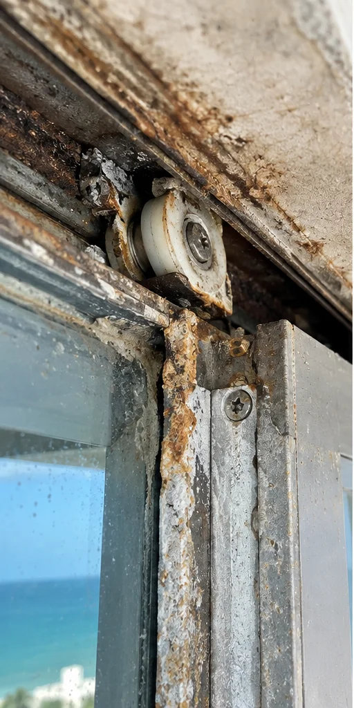 Corroded roller assembly removed from sliding door frame during hurricane impact repair