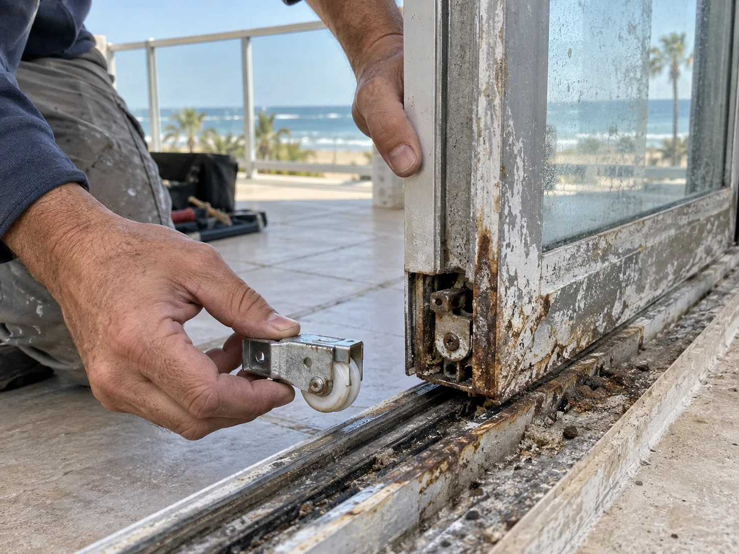 Technician holding old worn roller cassette next to corroded sliding door frame
