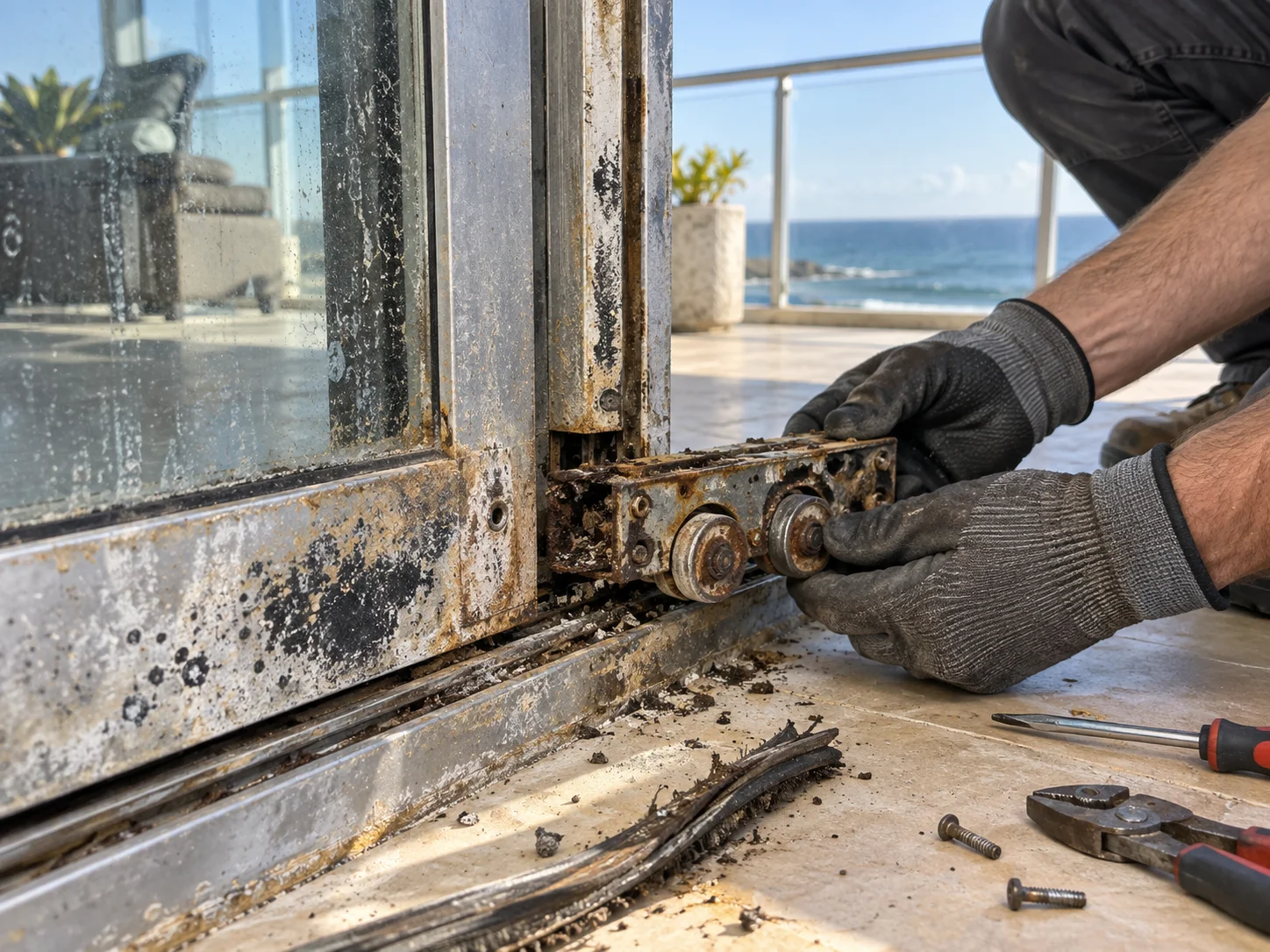 Technician removing damaged weatherstripping and hardware during storm prep service