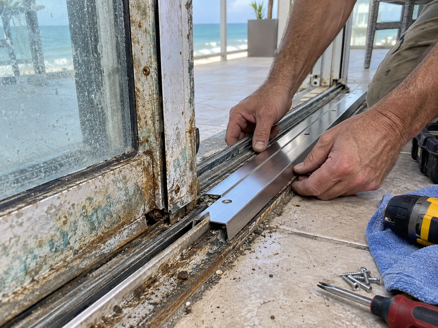 Technician fitting new stainless steel threshold track next to corroded old track