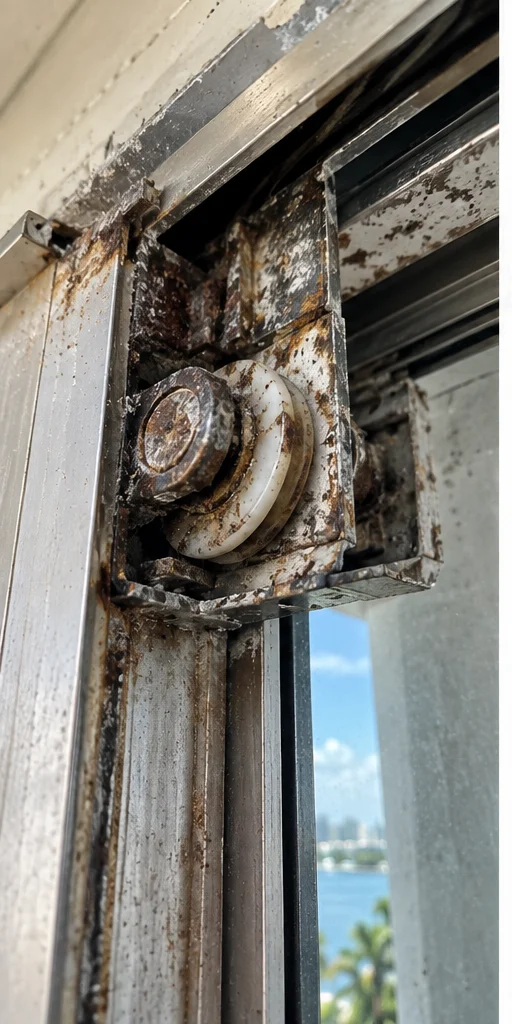Corroded roller and deteriorated weatherstripping removed from sliding door frame